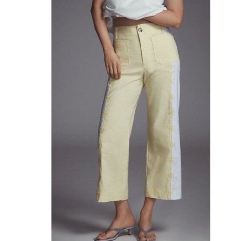 Anthropologie Maeve The Colette Cropped Wide Leg Pant Yellow Linen Size 34 NEW